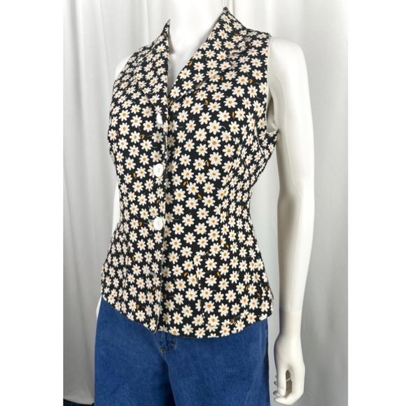 Vintage 2000’s ‘Sinequanone Paris’ Black and White Daisy Floral Vest - S/M - Picture 3 of 8